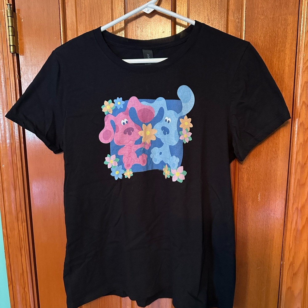 Gildan Black Blue’s Clues Tee with Blue and Pink Cartoon Design